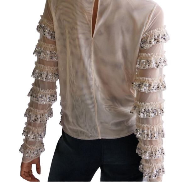 NWT ANTHROPOLOGIE TOP SEQUIN RUFFLE TIERED TULLE METALLIC SILVER TAN MESH SHEER - Picture 3 of 15